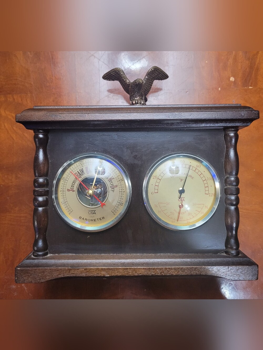 Dark Brown Wooden Desktop Barometer and Thermometer with Brass Eagle